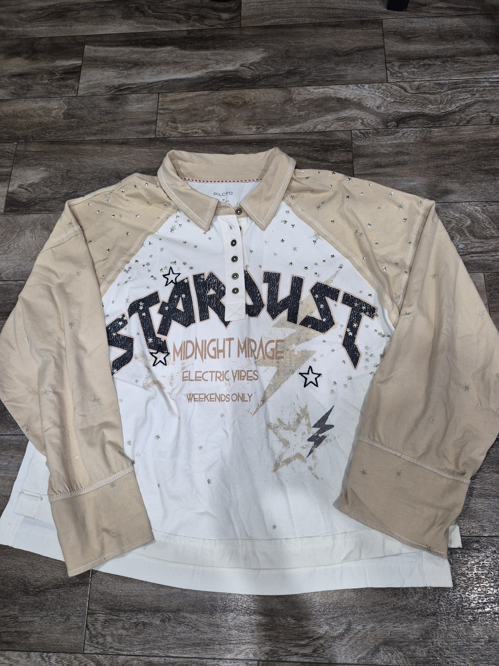 Pilcro Star Dust Long-Sleeve Polo - White & Beige